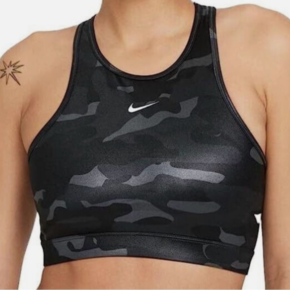 Nike iron gray black camo shiny sports bra high neck small